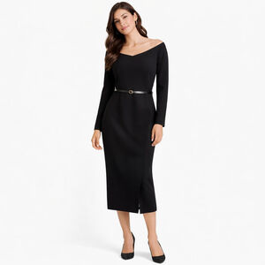 NWT Women's H&M Black Belted Off-the-Shoulder Midi Dress L